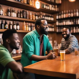 A man is surrounded by beer in a lively bar setting