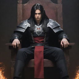 A teenage anime character sitting in a chair, slightly muscular with furious red eyes and long dark hair, emanating dark magic. He is dressed in traditional warrior clothes and looking ahead intently.