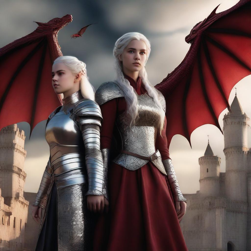 A dramatic backdrop of a medieval castle with dragons flying in the sky, signifying the Targaryen heritage and the fantasy setting