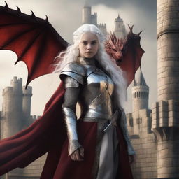 A dramatic backdrop of a medieval castle with dragons flying in the sky, signifying the Targaryen heritage and the fantasy setting