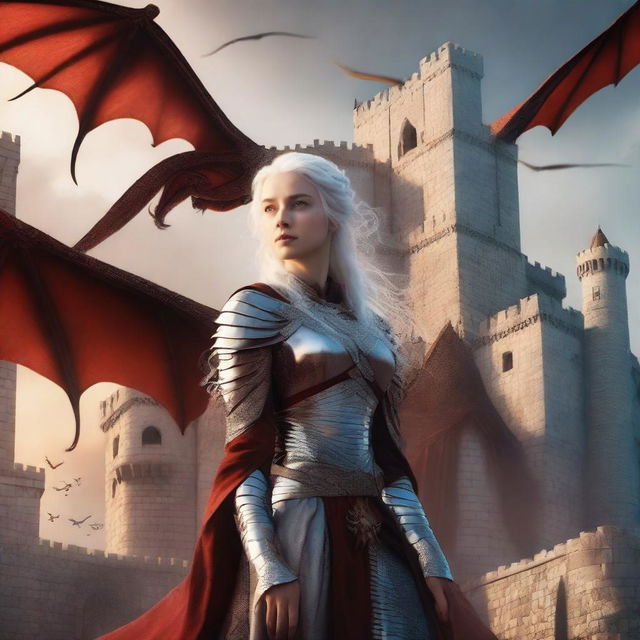 A dramatic backdrop of a medieval castle with dragons flying in the sky, signifying the Targaryen heritage and the fantasy setting