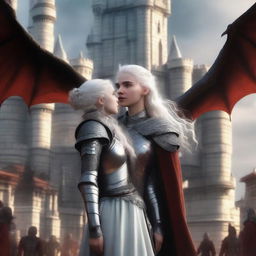 In the background, a dramatic medieval castle with dragons flying in the sky, symbolizing the Targaryen heritage and the fantasy setting