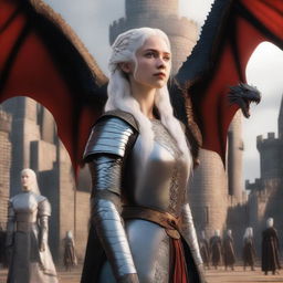 In the background, a dramatic medieval castle with dragons flying in the sky, symbolizing the Targaryen heritage and the fantasy setting