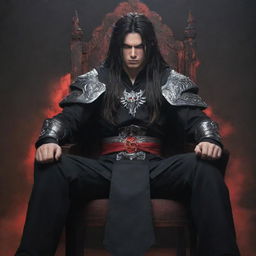 A teenage anime character sitting in a chair, slightly muscular with furious red eyes and long dark hair, emanating dark magic. He is dressed in traditional warrior clothes and looking ahead intently.