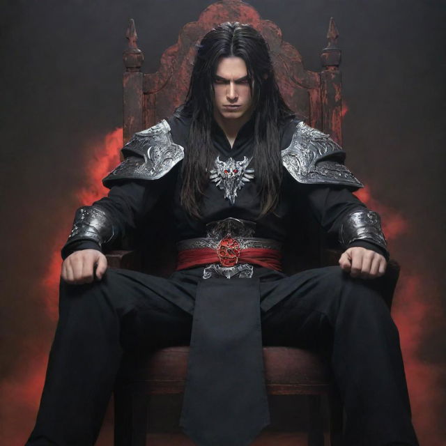 A teenage anime character sitting in a chair, slightly muscular with furious red eyes and long dark hair, emanating dark magic. He is dressed in traditional warrior clothes and looking ahead intently.