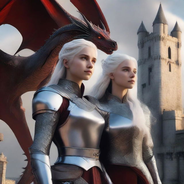 In the background, a dramatic medieval castle with dragons flying in the sky, symbolizing the Targaryen heritage and the fantasy setting