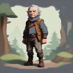 A halfling explorer with a somewhat gray appearance, looking to be around 55 years old