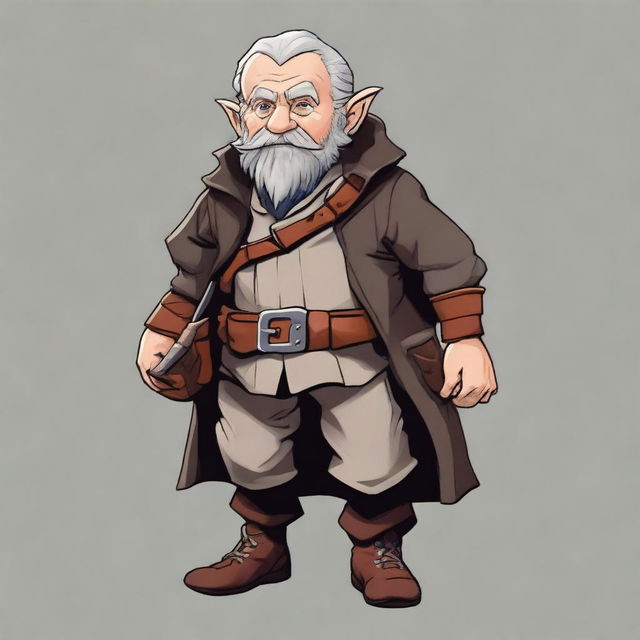 A halfling explorer with a somewhat gray appearance, looking to be around 55 years old