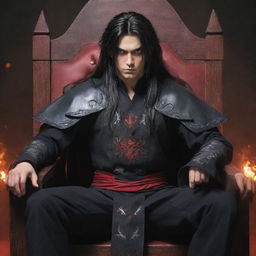 A teenage anime character sitting in a chair, slightly muscular with furious red eyes and long dark hair, emanating dark magic. He is dressed in traditional warrior clothes and looking ahead intently.