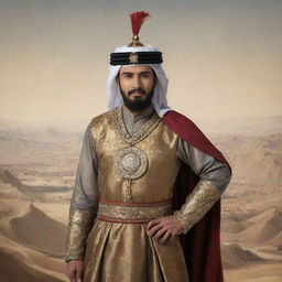 A portrait of Qutaiba bin Muslim, celebrated Arabian conqueror, against a backdrop of an ancient Chinese landscape he is credited with conquering. He is depicted as a formidable warrior with Arabic attire.