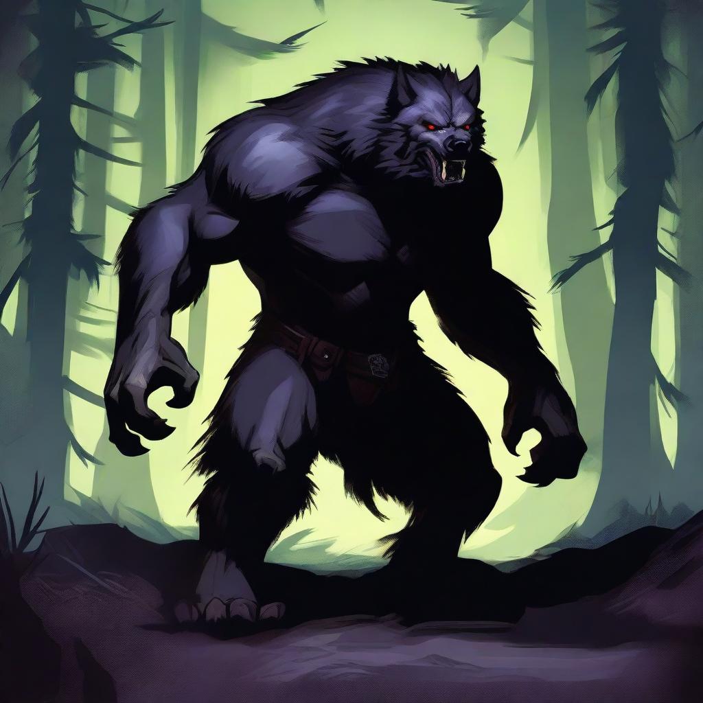 A dark and atmospheric scene featuring a menacing werewolf