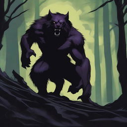 A dark and atmospheric scene featuring a menacing werewolf