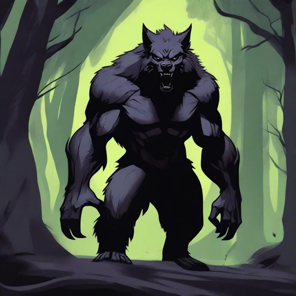 A dark and atmospheric scene featuring a menacing werewolf