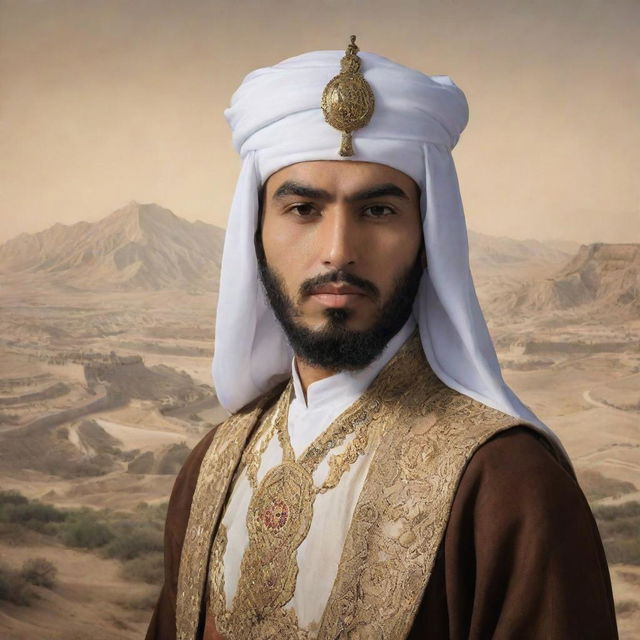 A portrait of Qutaiba bin Muslim, celebrated Arabian conqueror, against a backdrop of an ancient Chinese landscape he is credited with conquering. He is depicted as a formidable warrior with Arabic attire.