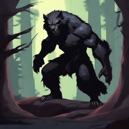 A dark and atmospheric scene featuring a menacing werewolf