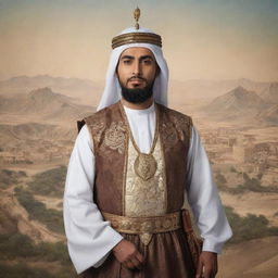 A portrait of Qutaiba bin Muslim, celebrated Arabian conqueror, against a backdrop of an ancient Chinese landscape he is credited with conquering. He is depicted as a formidable warrior with Arabic attire.