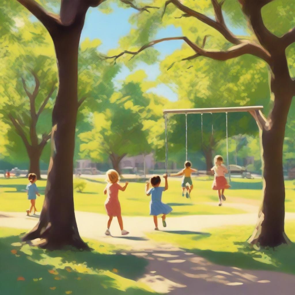 A nostalgic scene capturing childhood memories, featuring children playing in a sunny, grassy park with swings, slides, and trees