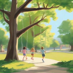 A nostalgic scene capturing childhood memories, featuring children playing in a sunny, grassy park with swings, slides, and trees