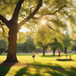 A nostalgic scene capturing childhood memories, featuring children playing in a sunny, grassy park with swings, slides, and trees