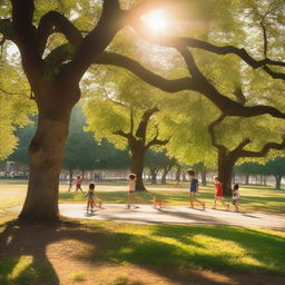 A nostalgic scene capturing childhood memories, featuring children playing in a sunny, grassy park with swings, slides, and trees