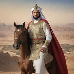 A portrait of Qutaiba bin Muslim, celebrated Arabian conqueror, against a backdrop of an ancient Chinese landscape he is credited with conquering. He is depicted as a formidable warrior with Arabic attire.