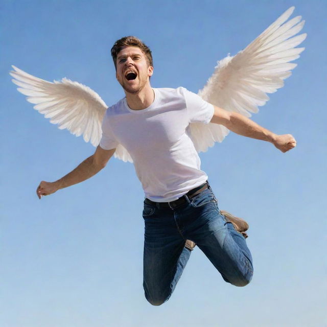 A young man with a light beard attempting to fly with wings attached to his back. He's in the middle of a leap, excitement and determination etched on his face.