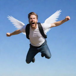 A young man with a light beard attempting to fly with wings attached to his back. He's in the middle of a leap, excitement and determination etched on his face.