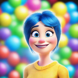 Create an image of Joy from Inside Out in a more human form with exaggerated feminine features, making her appear more sexy