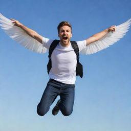 A young man with a light beard attempting to fly with wings attached to his back. He's in the middle of a leap, excitement and determination etched on his face.