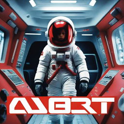 A dramatic movie poster featuring a kid in a space suit, standing in a spaceship with red alarms going off