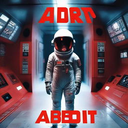 A dramatic movie poster featuring a kid in a space suit, standing in a spaceship with red alarms going off