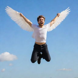 A young man with a light beard attempting to fly with wings attached to his back. He's in the middle of a leap, excitement and determination etched on his face.