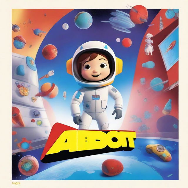 An animated Pixar-style movie poster featuring a kid in a colorful space suit, standing in a spaceship with red alarms going off