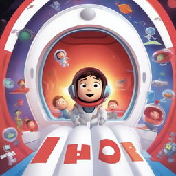 An animated Pixar-style movie poster featuring a kid in a colorful space suit, standing in a spaceship with red alarms going off