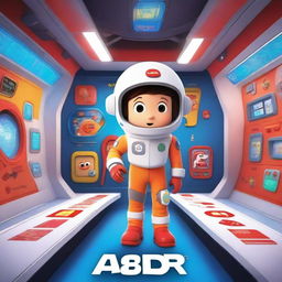 An animated Pixar-style movie poster featuring a kid in a colorful space suit, standing in a spaceship with red alarms going off