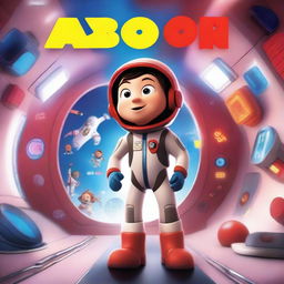 A Pixar-style animated movie poster featuring a kid in a colorful space suit, standing in a spaceship with red alarms going off