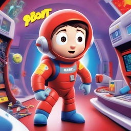 A Pixar-style animated movie poster featuring a kid in a colorful space suit, standing in a spaceship with red alarms going off