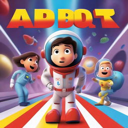 A Pixar-style animated movie poster featuring a kid in a colorful space suit, standing in a spaceship with red alarms going off