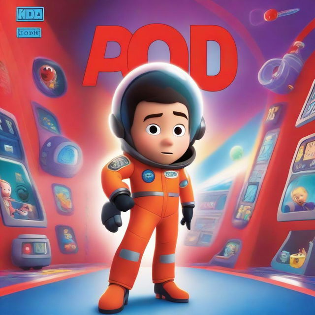 A Pixar-style animated movie poster featuring a kid in a colorful space suit, standing in a spaceship with red alarms going off