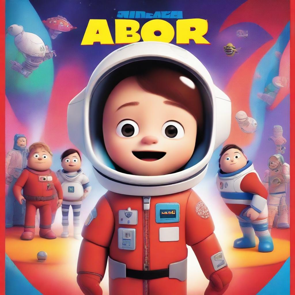 A Pixar-style animated movie poster featuring a kid with Down syndrome in a colorful space suit, standing in a spaceship with red alarms going off