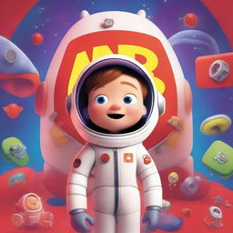 A Pixar-style animated movie poster featuring a kid with Down syndrome in a colorful space suit, standing in a spaceship with red alarms going off