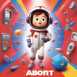 A Pixar-style animated movie poster featuring a kid with Down syndrome in a colorful space suit, standing in a spaceship with red alarms going off