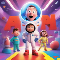 A Pixar-style animated movie poster featuring a kid with Down syndrome in a colorful space suit, standing in a spaceship with red alarms going off