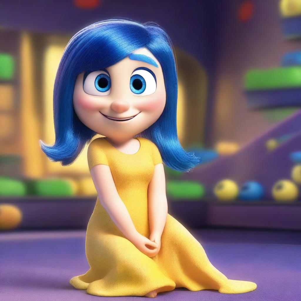 Create an image of Joy from the movie Inside Out with exaggerated features to appear more voluptuous and sexy