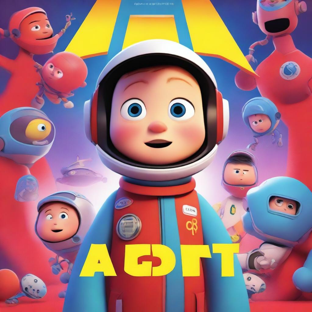 A Pixar-style animated movie poster featuring a kid with Down syndrome in a colorful space suit, standing in a spaceship with red alarms going off