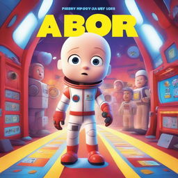 A Pixar-style animated movie poster featuring a kid with Down syndrome in a colorful space suit, standing in a spaceship with red alarms going off