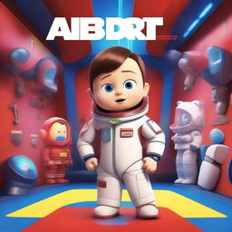 A Pixar-style animated movie poster featuring a kid with Down syndrome in a colorful space suit, standing in a spaceship with red alarms going off