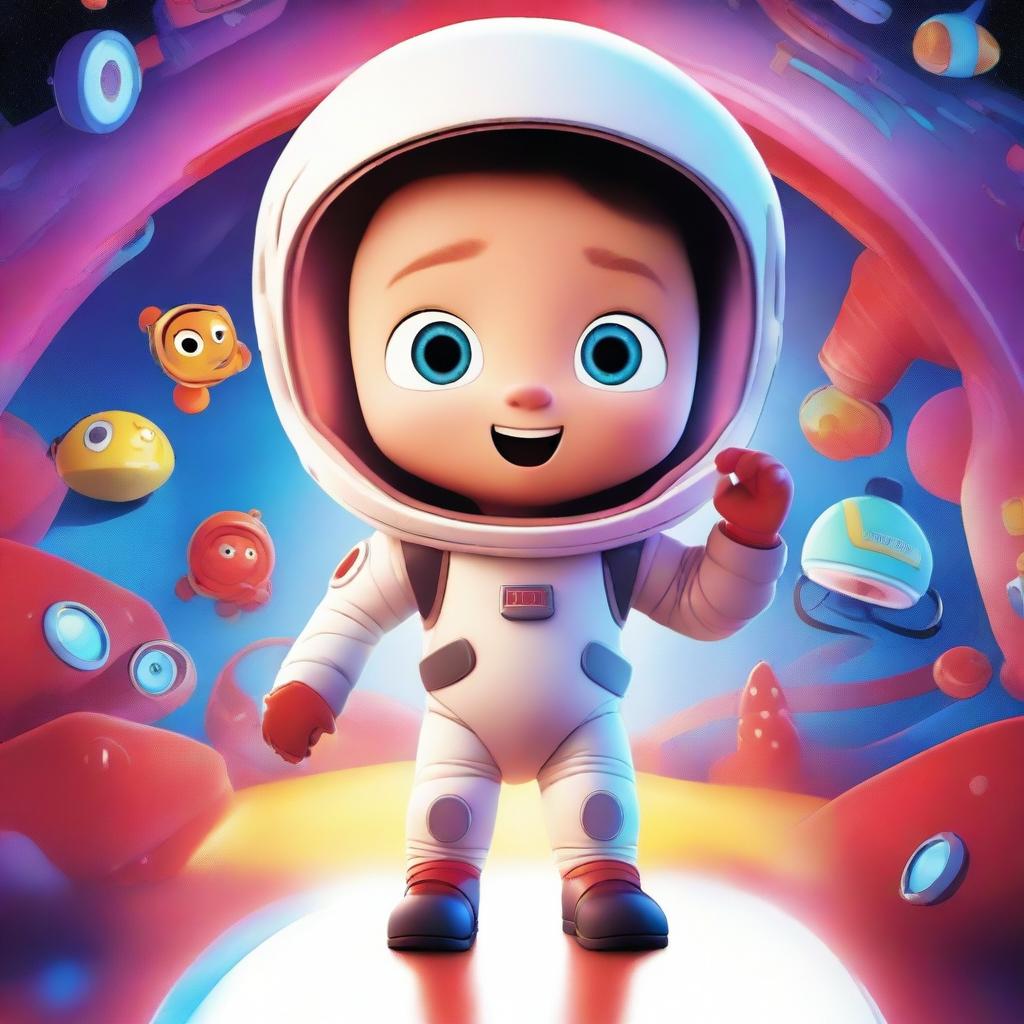 A Pixar-style animated movie poster featuring a kid with Down syndrome in a colorful space suit, standing in a spaceship with red alarms going off