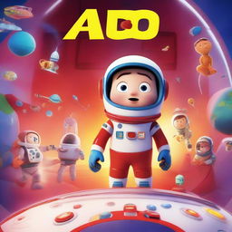 A Pixar-style animated movie poster featuring a kid with Down syndrome in a colorful space suit, standing in a spaceship with red alarms going off