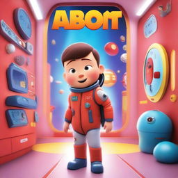 A Pixar-style animated movie poster featuring a kid with Down syndrome in a colorful space suit, standing in a spaceship with red alarms going off